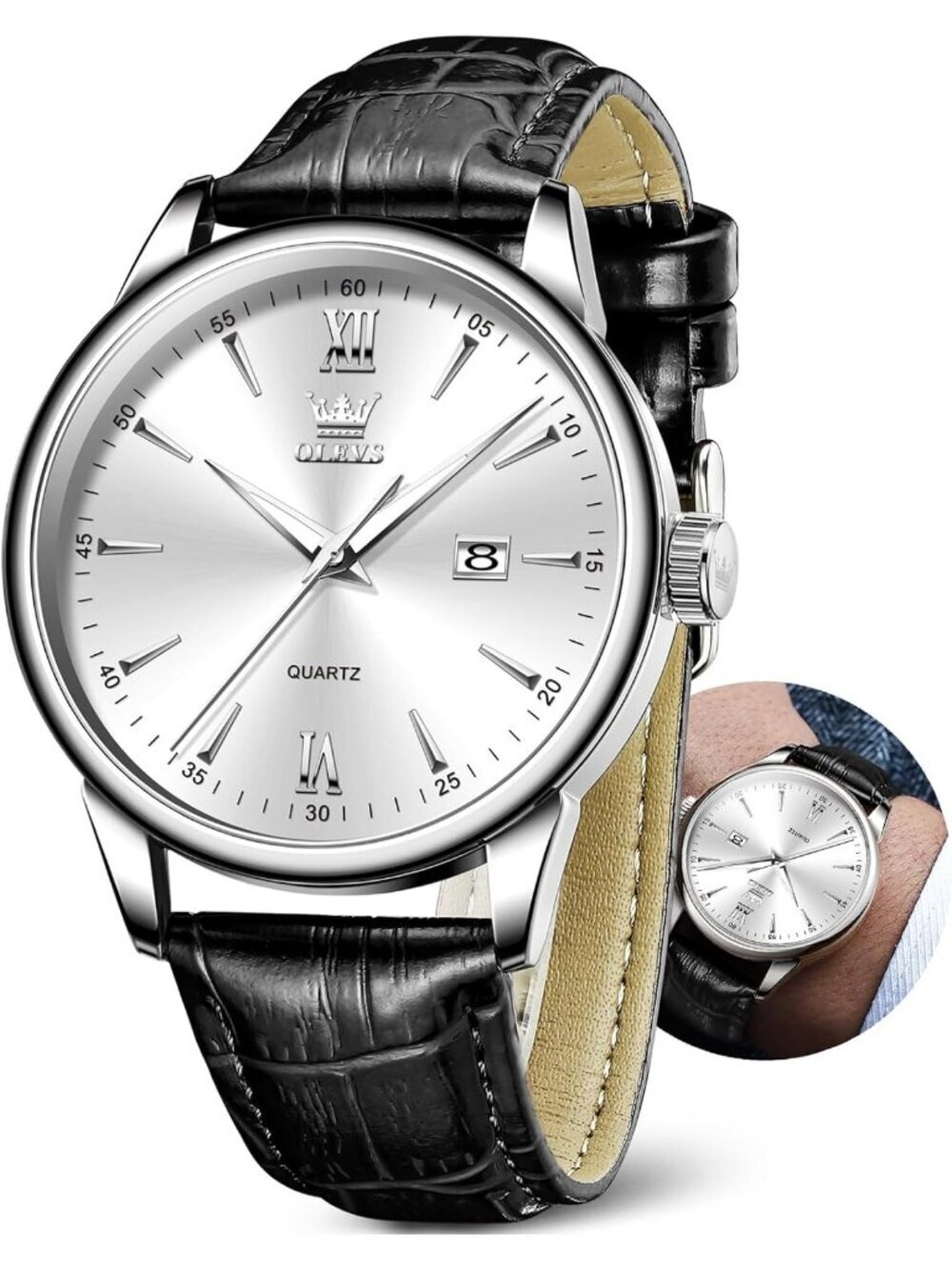 Men's White Black Leather Band Waterproof Relog Para Hombres Classic Wrist Watch